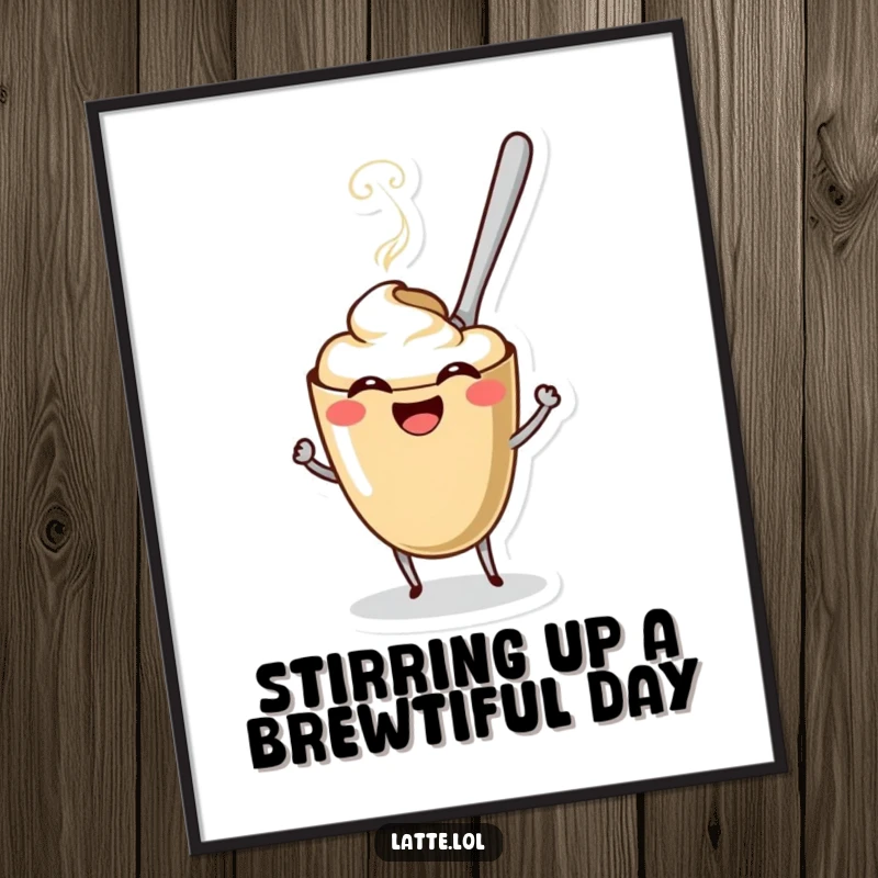 Funny free printable wall art: playful coffee spoon character attempting to stir a laughing latte, a humorous decor piece.