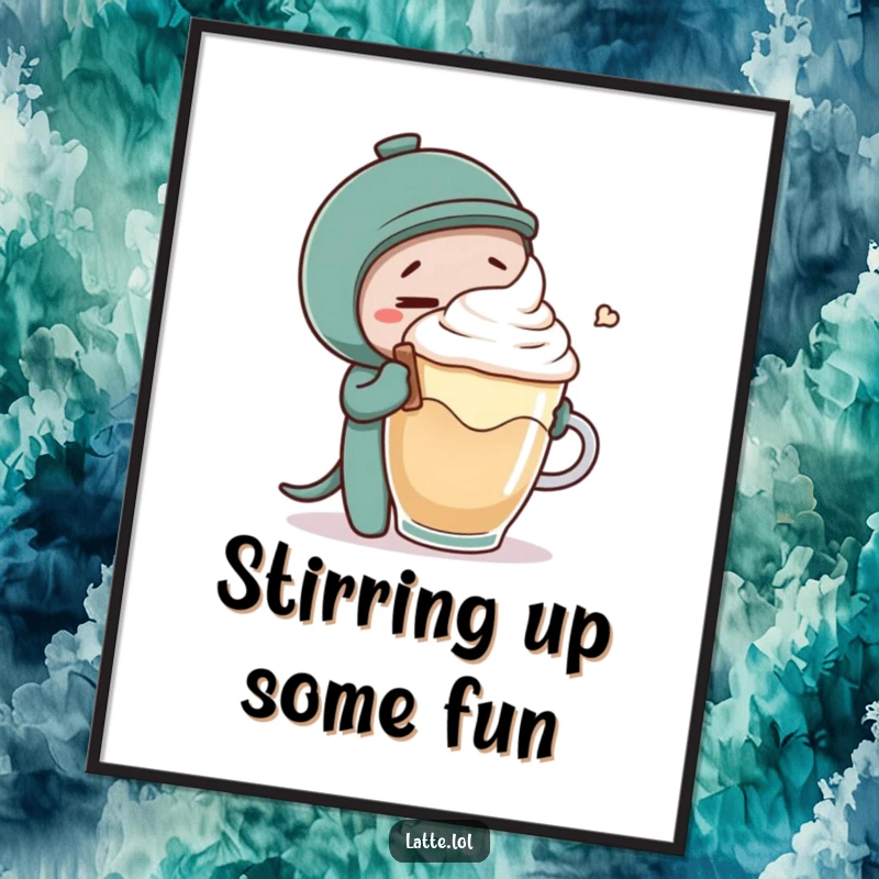 Funny Free Printable Wall Art: A mischievous coffee stirrer tickling a delighted latte foam character, a scene of pure playful joy and coffee art.