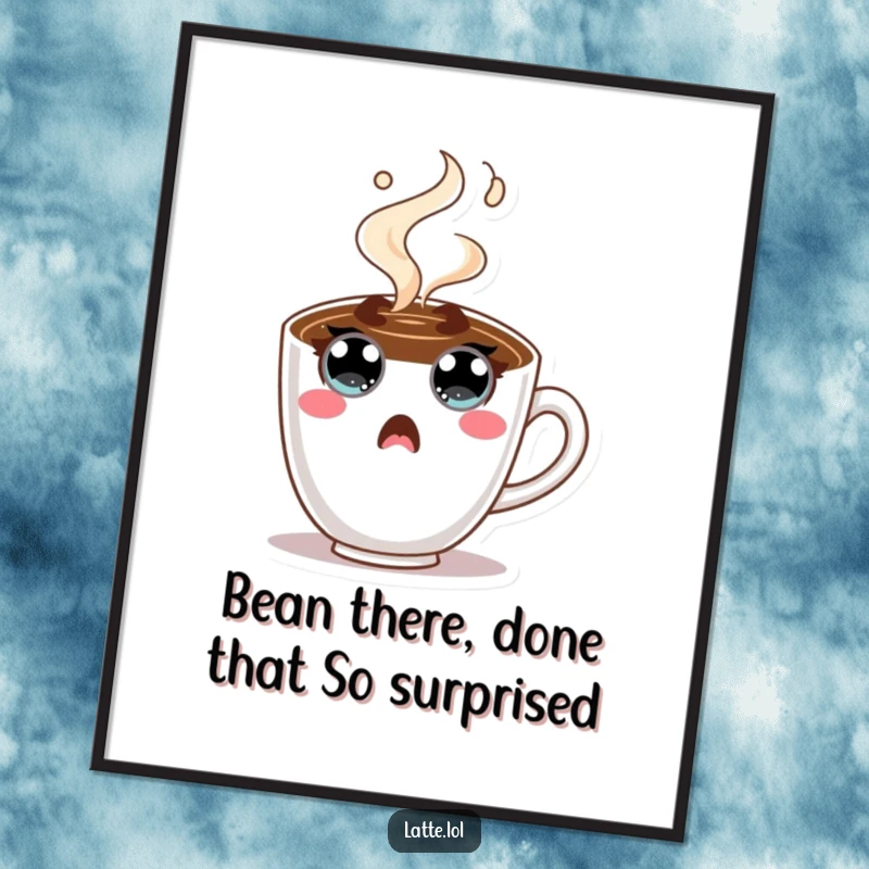 Funny free printable wall art: surprised coffee cup character with wide eyes, steam bursting out, a comical piece of decor.