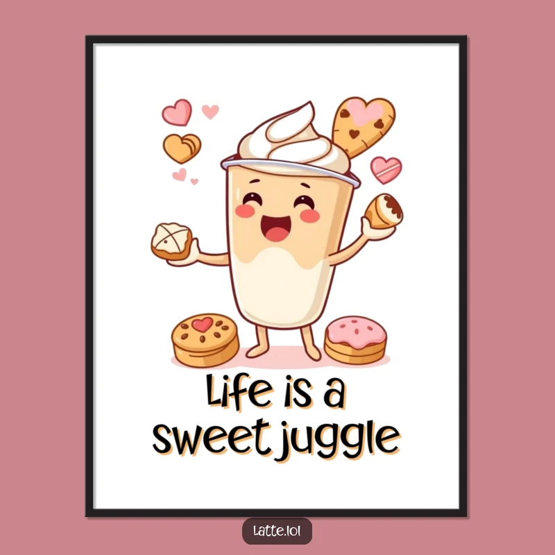 Free Printable Wall Art: Juggling Latte Cup, Pastry Character, Funny Decor