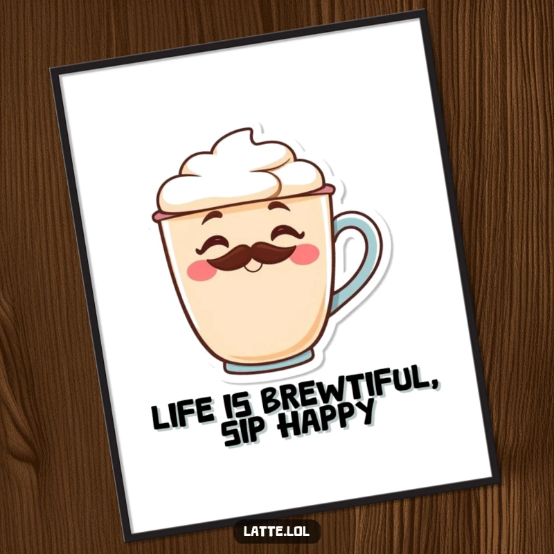 Funny free printable wall art of a smiling latte cup character with a frothy mustache winking, adding cheerful decor.