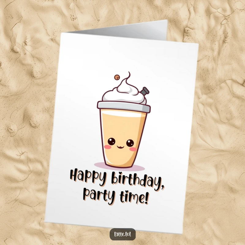 Funny free printable birthday card showing a cheerful latte cup character happily bopping its lid, celebrating with energy.