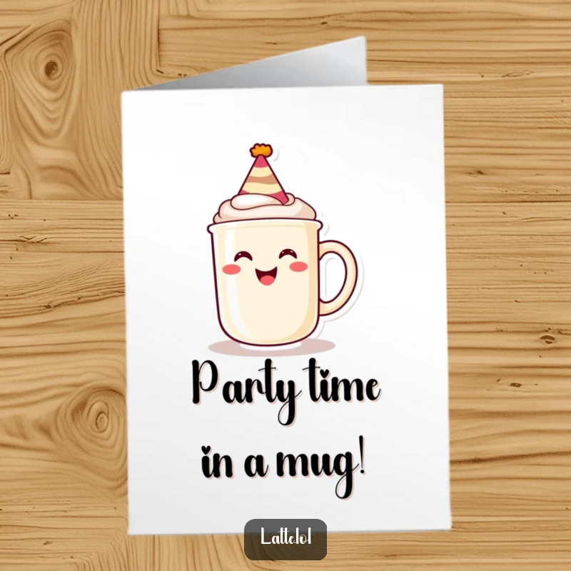 Funny Free Printable Birthday Card: A grinning latte mug character wearing a tiny party hat, ready to celebrate a birthday with cheerful delight.