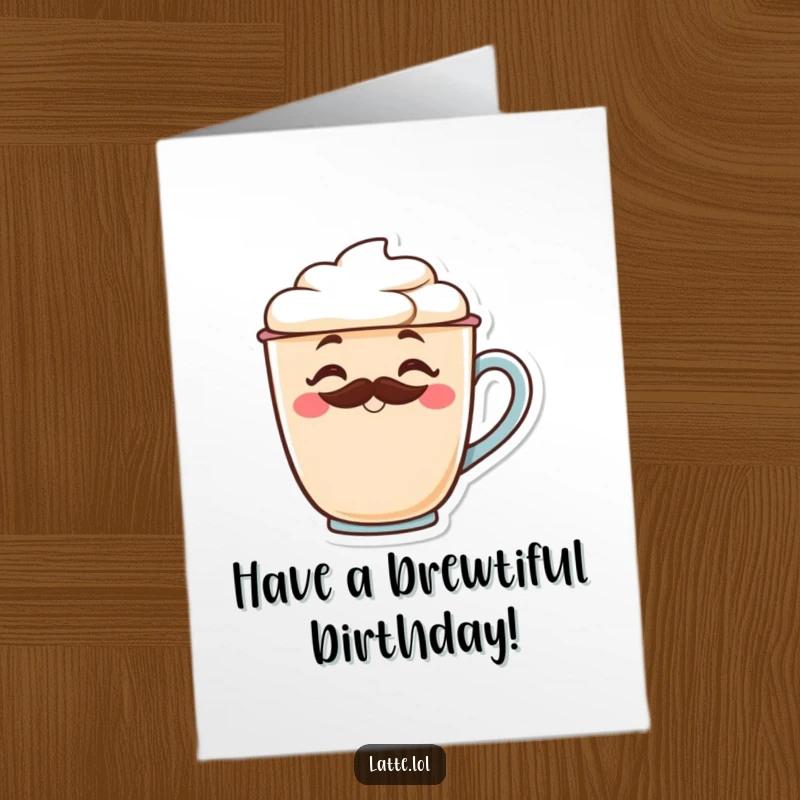 Funny free printable birthday card showcasing a smiling latte cup with a mustache winking, celebrating with coffee charm.