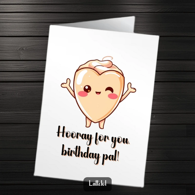 Funny Free Printable Birthday Card: A cute kawaii latte heart character with arms raised in a cheerful birthday cheer.