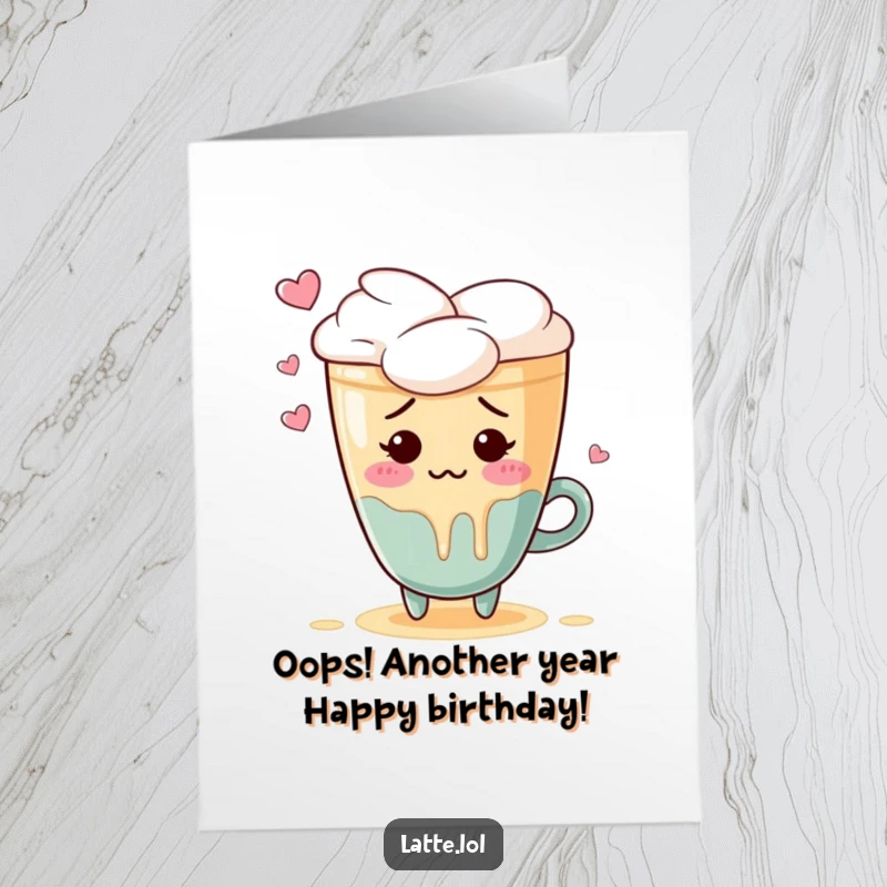 Funny Free Printable Birthday Card: An embarrassed latte heart character blushes deeply while accidentally spilling its foam.
