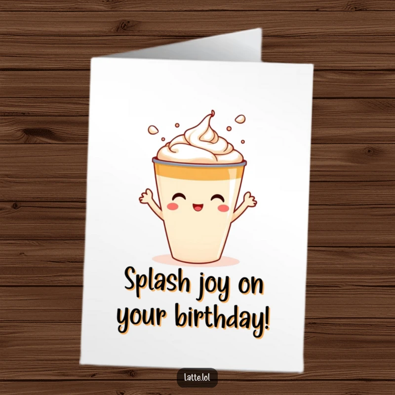 Funny Free Printable Birthday Card: A latte cup with arms joyfully splashing its foam art, celebrating a birthday.