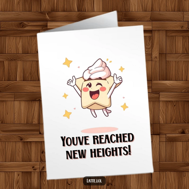 Funny Free Printable Congratulations Card: Excited latte star character ascending with flair, celebrating an amazing achievement with pure joy.