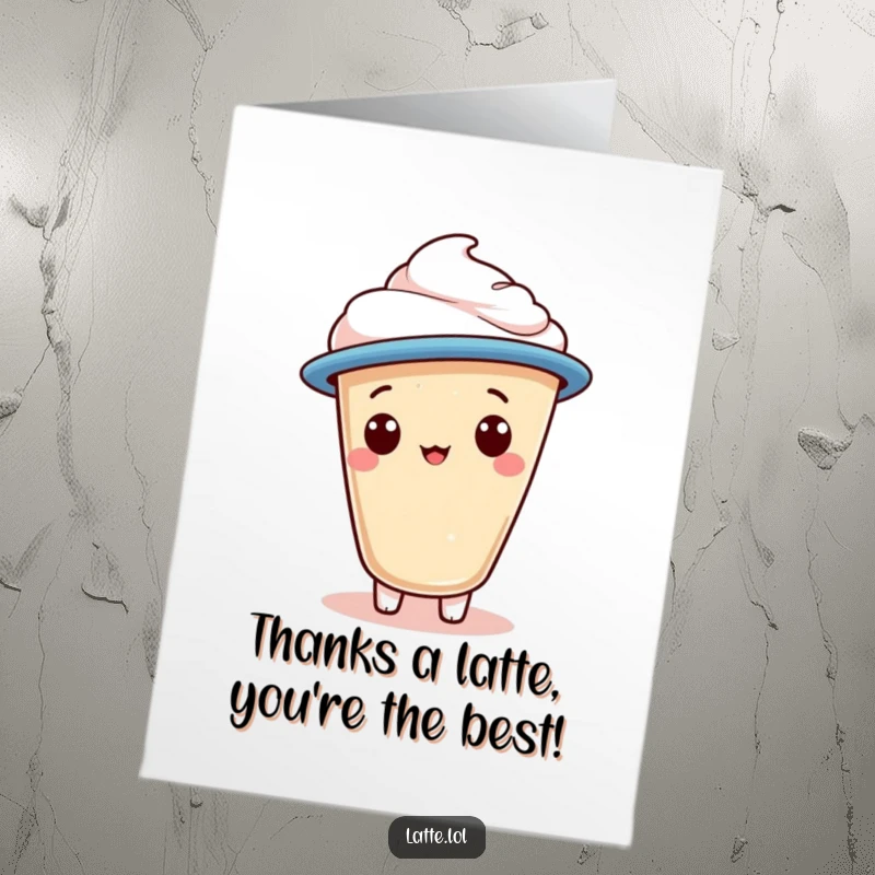 Funny Free Printable Thank You Card: A latte foam character wearing a jaunty cap gives a charming wink while holding a heart.