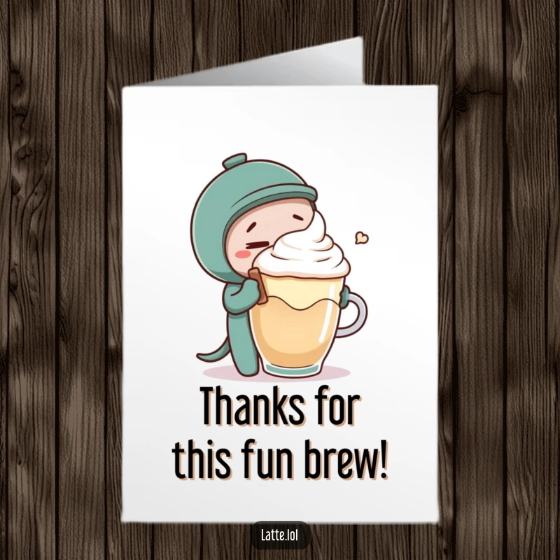 Funny Free Printable Thank You Card: Mischievous coffee stirrer tickling a happy latte foam character, sharing a moment of playful appreciation.