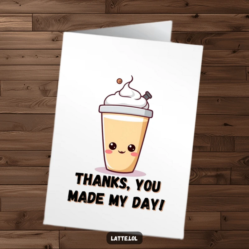 Funny free printable thank you card of a cheerful latte cup character happily bopping its lid, showing quirky appreciation.