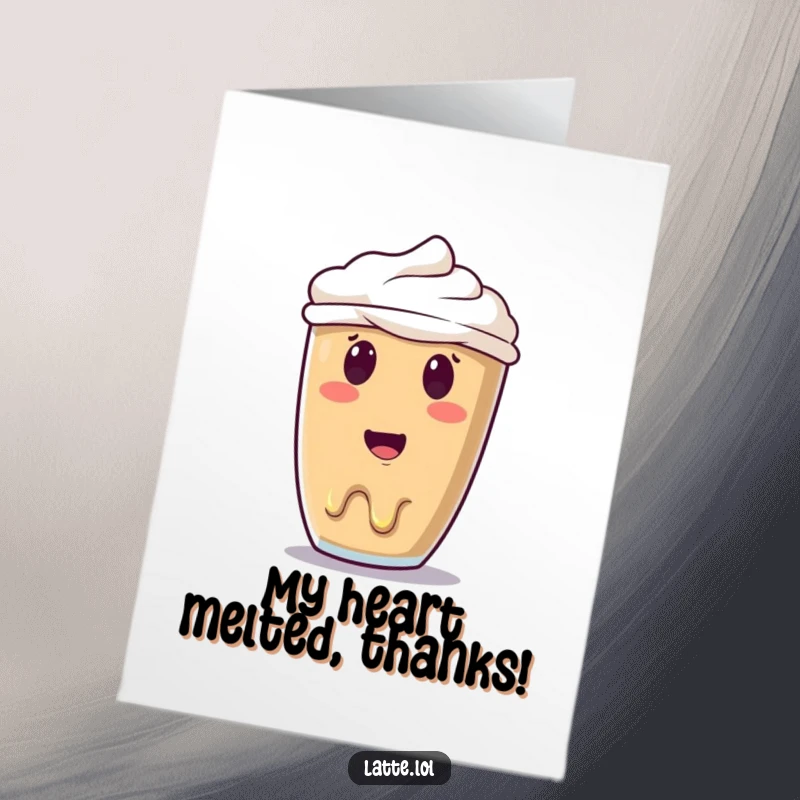 Funny Free Printable Thank You Card featuring a melting latte art smiley face looking surprised, offering a sweet, coffee-themed thank you.