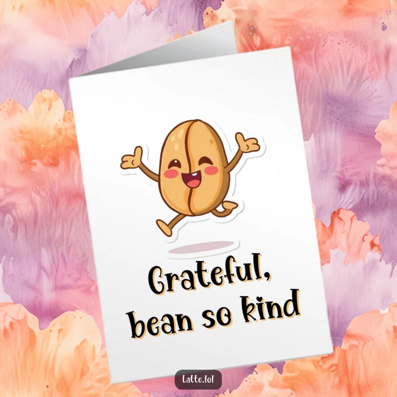 Funny Free Printable Thank You Card: A cheerful coffee bean character is captured mid-playful-leap, expressing enthusiastic thanks.