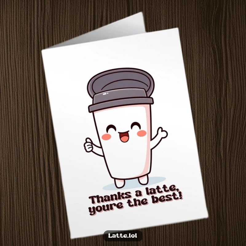 Funny Free Printable Thank You Card: A delighted travel mug character with its lid bursting open, conveying heartfelt thanks.