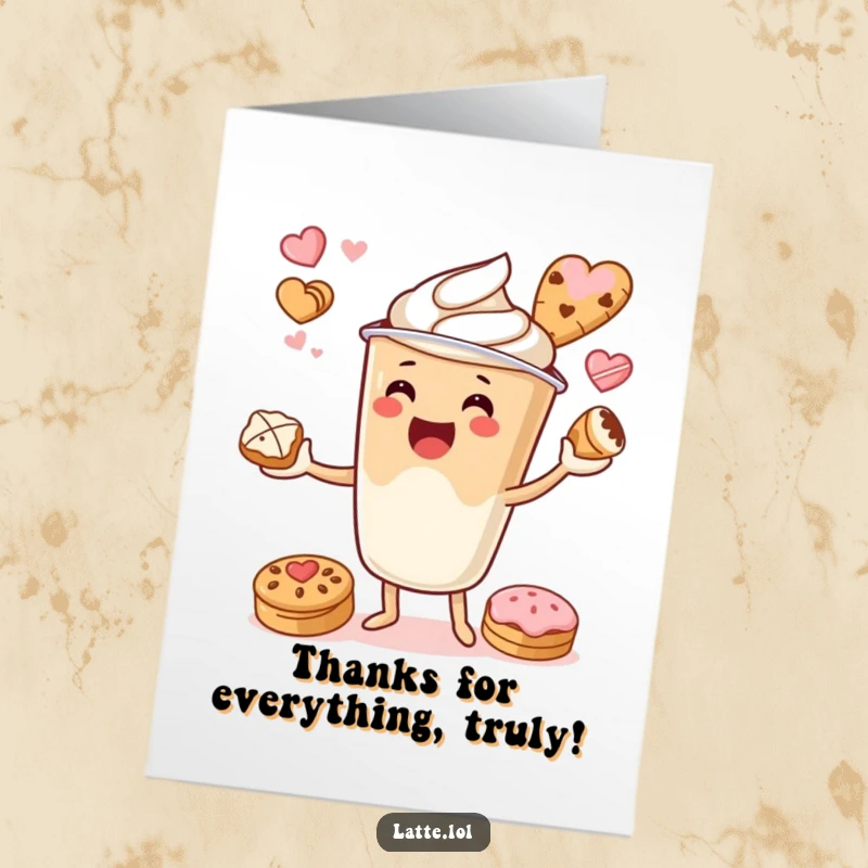 Funny Free Printable Thank You Card: A latte cup character joyfully juggles delicious pastries, offering thanks with a smile.