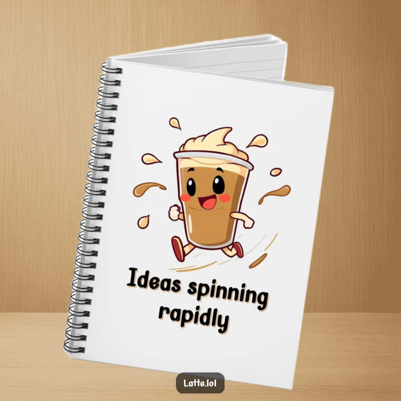 Funny notebook with a delighted espresso shot character spinning rapidly, leaving behind liquid trails. Perfect for quick notes.