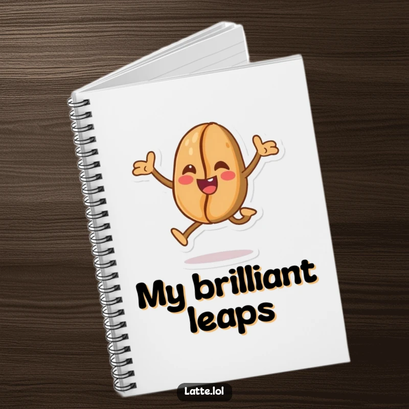 Funny notebook cover with a cheerful coffee bean character in a mid-air leap, ideal for jotting down energetic thoughts and plans.