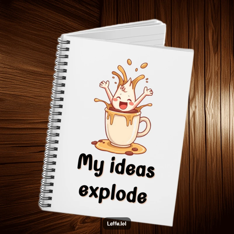 Funny notebook featuring a happy coffee splash character leaping joyfully, perfect for jotting down cheerful ideas.