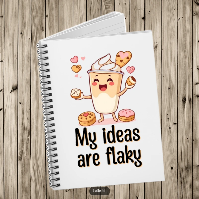 Funny notebook featuring a latte cup character juggling pastries, perfect for capturing sweet ideas.