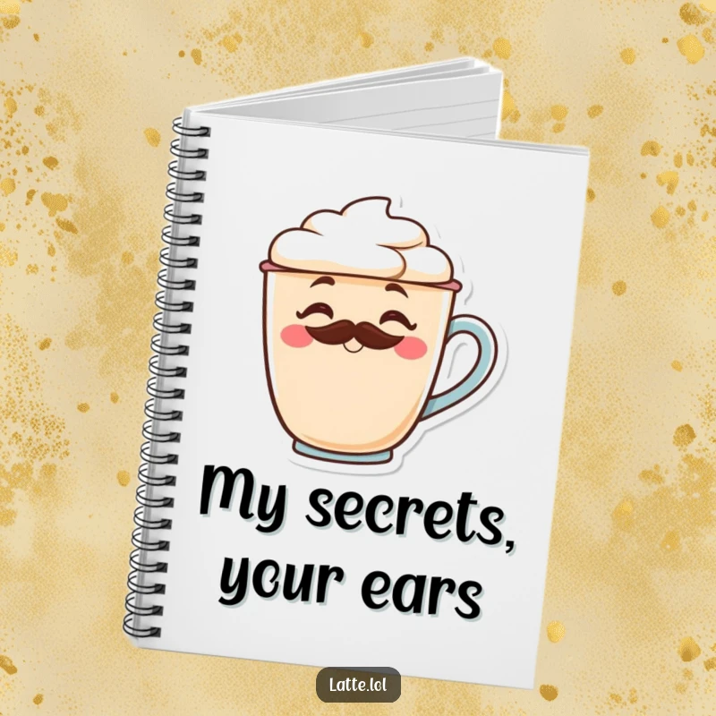 Funny latte cup notebook with a winking character and frothy mustache, ideal for creative notes.