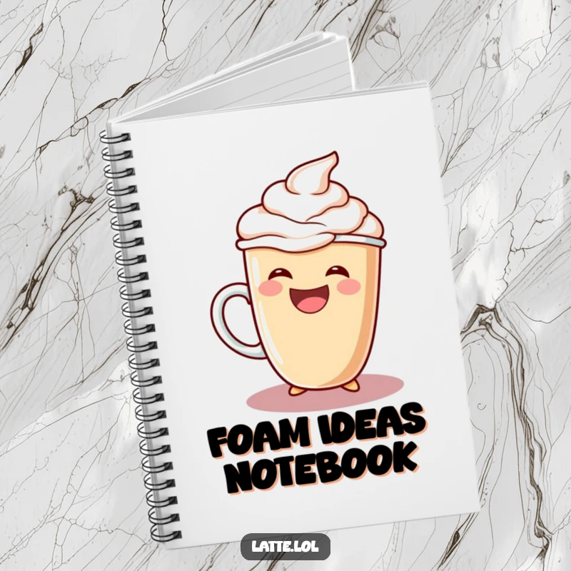 Funny notebook cover with a laughing latte cup character pouring extra foam, ready for your journaling.