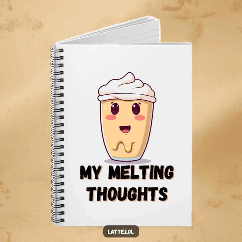 Funny melting latte art notebook with a surprised smiley face art that's melting, designed for capturing thoughts with a humorous twist.