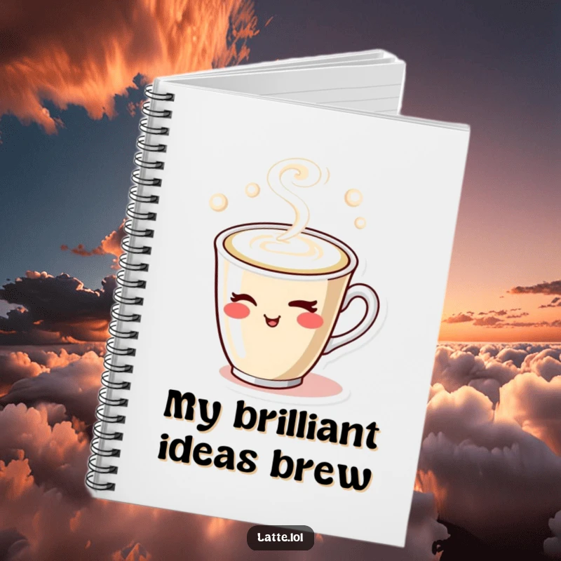 Funny notebook with a winking latte cup character and steam, ideal for journaling, note-taking, or sketching with a humorous touch.