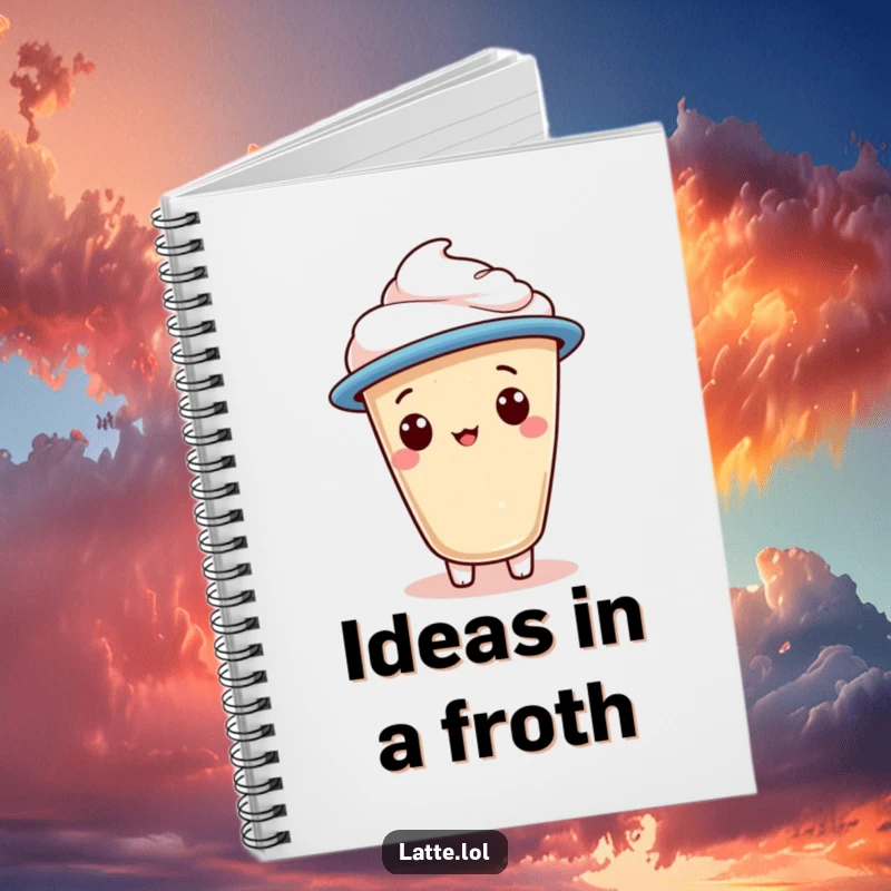 Funny notebook featuring a latte foam character wearing a jaunty cap, perfect for capturing creative thoughts.