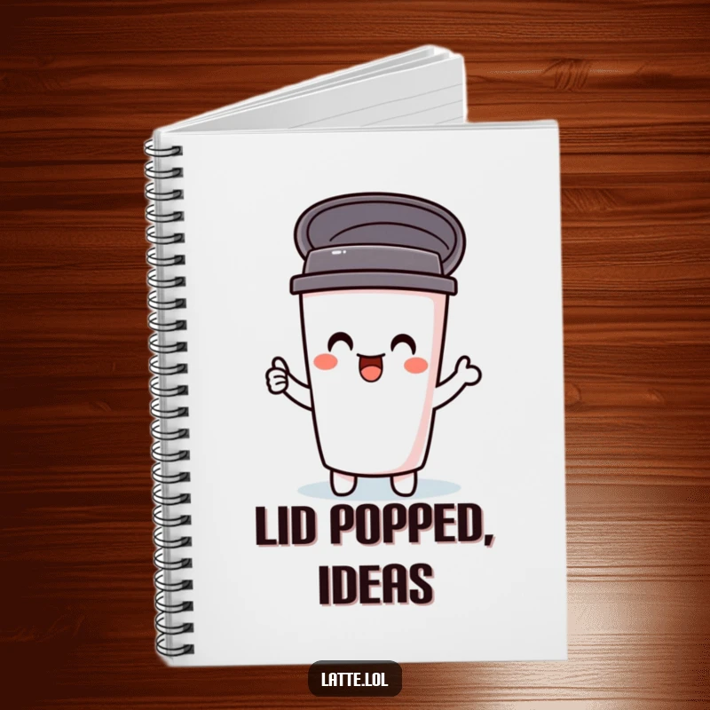 Funny notebook with a delighted travel mug character, lid popping open with inspiration. A cheerful journal for your thoughts.