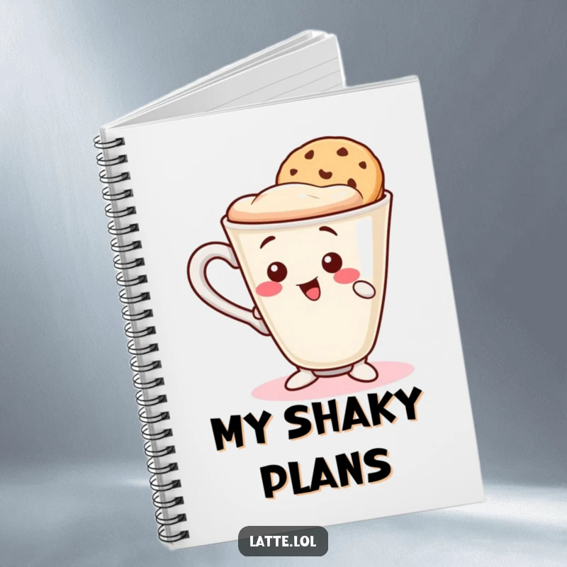 Funny notebook with a wobbly latte cup character attempting to balance a cookie wafer on its rim. Perfect for journaling.