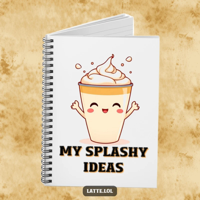 Funny notebook cover featuring a latte cup character playfully splashing foam art, perfect for jotting down ideas.