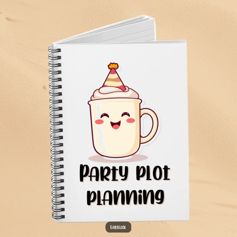 Funny notebook featuring a grinning latte mug wearing a party hat, perfect for planning events and jotting notes.