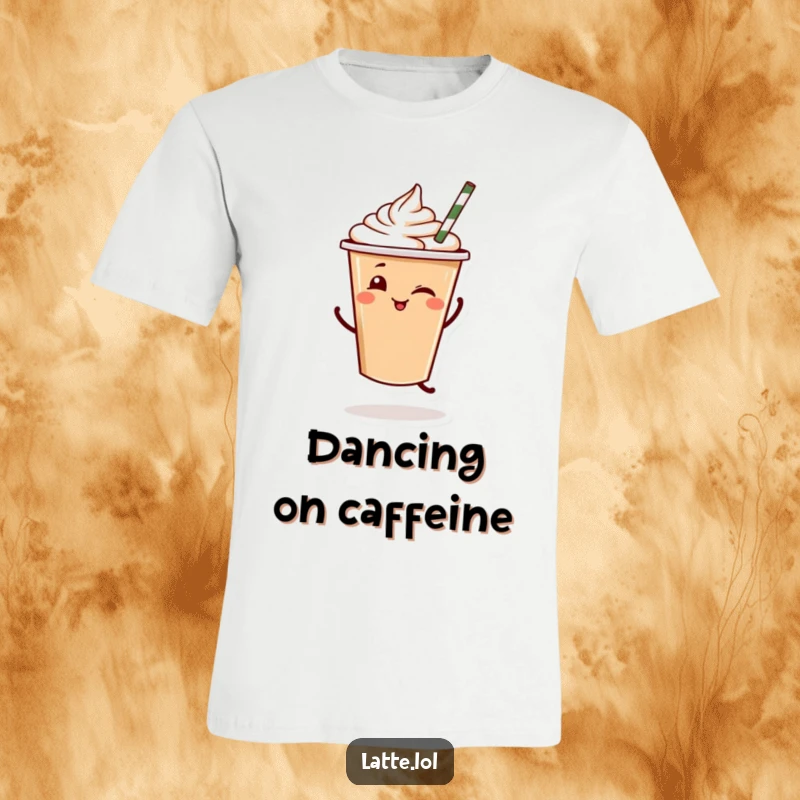 Funny Latte Dance T-Shirt: A winking latte cup character dances with a straw, funny graphic tee.