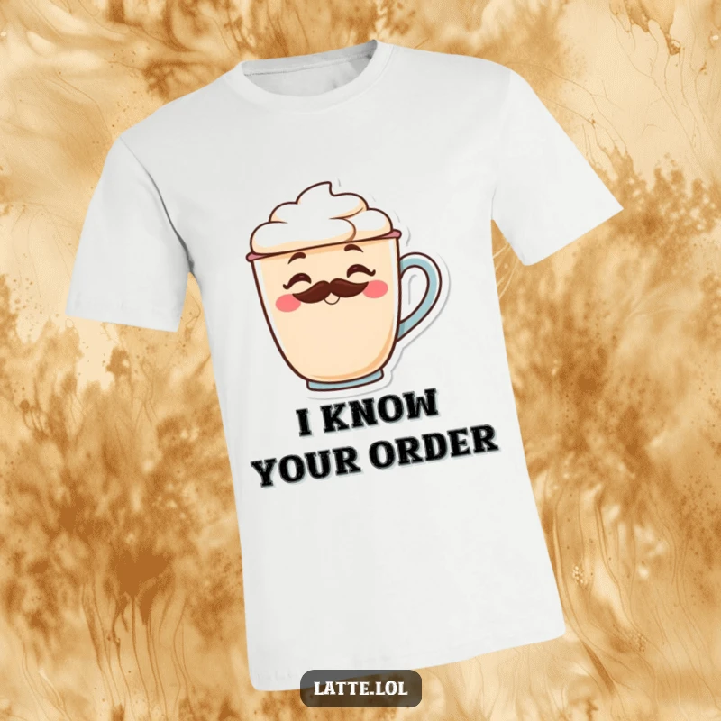Funny latte cup t-shirt with a frothy mustache winking, exuding playful charm and coffee obsession.