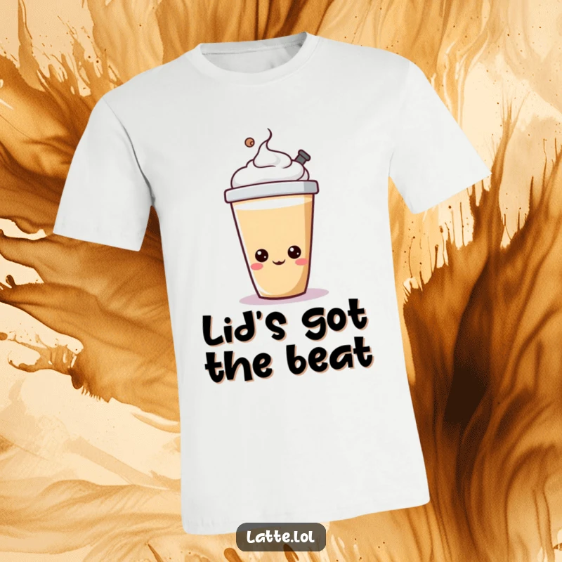 Funny latte cup t-shirt featuring a cheerful character happily bopping its lid, exuding energy.