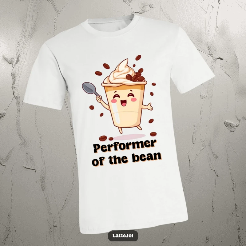 Funny t-shirt featuring a lively latte cup character performing an impressive juggle of coffee beans with a spoon, full of energy.