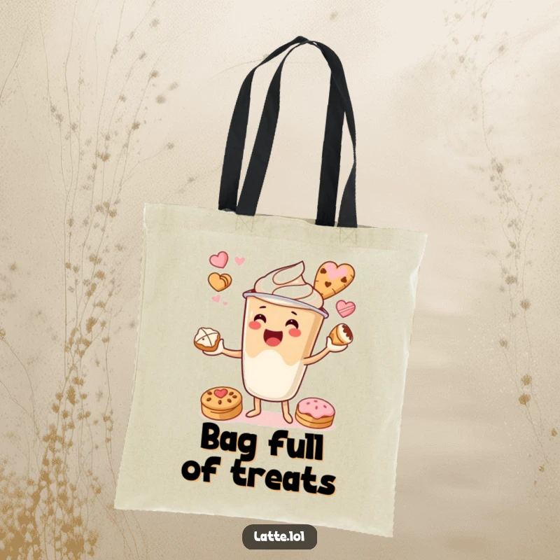 Funny tote bag showcasing a latte cup character juggling pastries, perfect for carrying your favorite goodies.