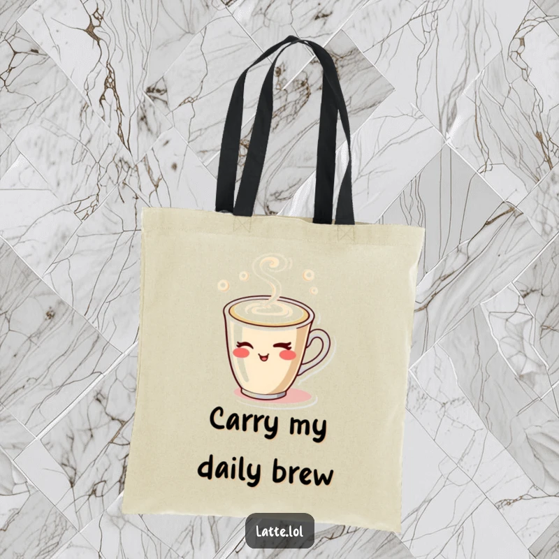 Funny tote bag displaying a winking latte cup with steam, a practical and humorous accessory for coffee enthusiasts on the go.