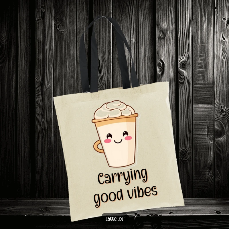 Funny tote bag with a grinning latte cup character and smiley face foam art, perfect for carrying coffee runs or daily items.