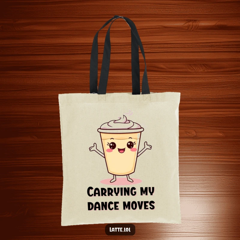 Funny latte cup tote bag with tiny arms doing a silly dance, perfect for carrying essentials.