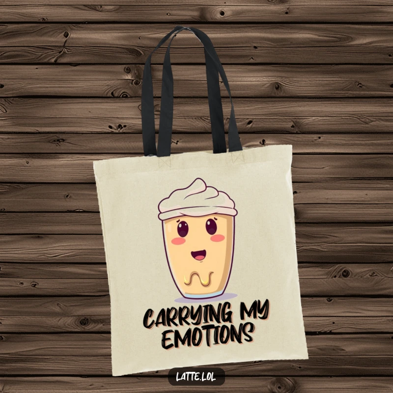 Funny melting latte art tote bag featuring a surprised smiley face art that's melting, perfect for carrying daily essentials with a smirk.
