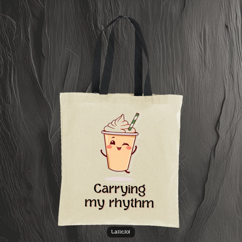 Funny Latte Dance Tote Bag: A latte cup character carries a tote bag while dancing, a funny gift.