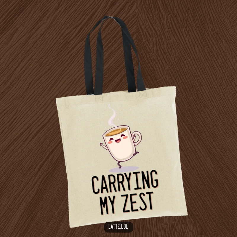 Funny Latte Tote Bag: Steaming latte cup character doing a cartwheel, representing energetic and fun travels.