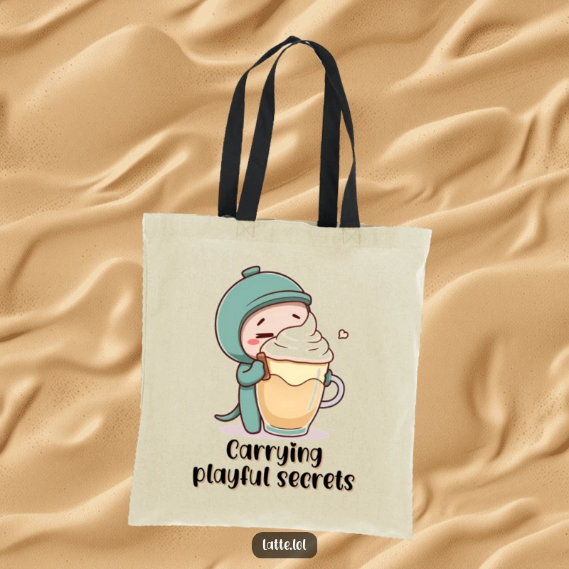 Funny tote bag with a coffee stirrer tickling latte foam, a practical and amusing accessory for daily use.