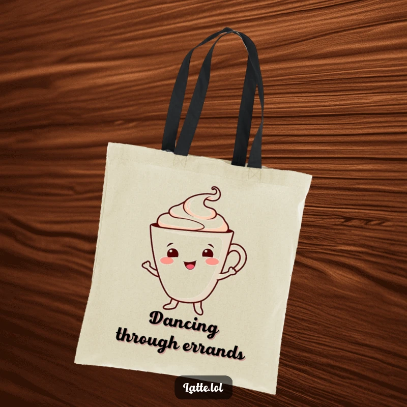 Funny tote bag featuring a smiling latte cup character doing a happy dance, foam swirl adding extra cheer. Great for daily use.