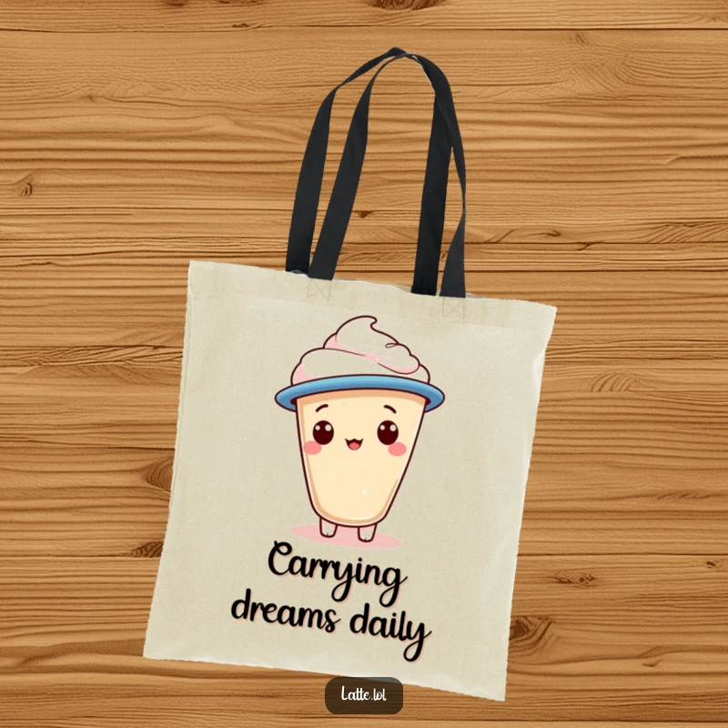 Funny tote bag featuring a charming latte foam character sporting a jaunty cap for a stylish look.