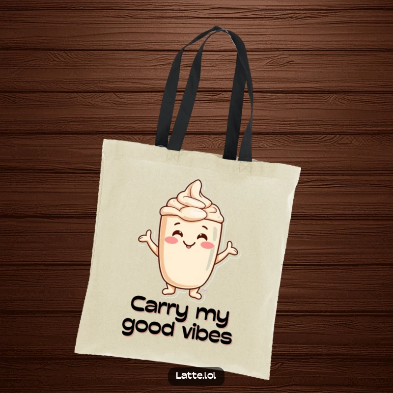 Funny Jovial Latte Foam Tote Bag depicting a smiling character creating silly shapes. A stylish and humorous bag.