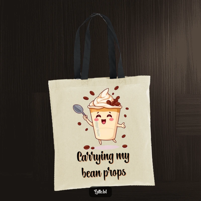 Funny tote bag featuring a cheerful latte cup character juggling coffee beans with a spoon, perfect for carrying daily items.