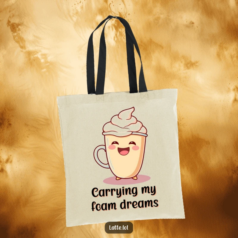 Funny tote bag showing a laughing latte cup character pouring an abundance of extra foam, perfect for daily errands.