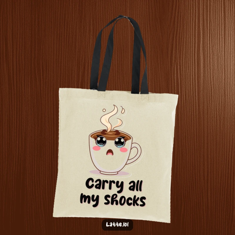 Funny Coffee Cup Tote Bag with a wide-eyed, steaming character expressing shock. Great for shopping and a funny gift.